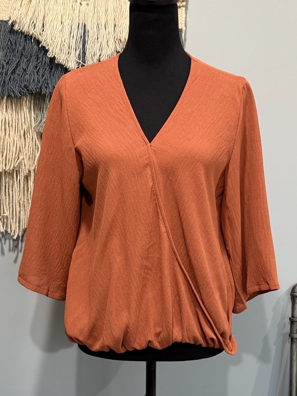 Mi Ami Rust Surplice Wrap Blouse Medium Textured Bubble Hem Boho Cottagecore Top